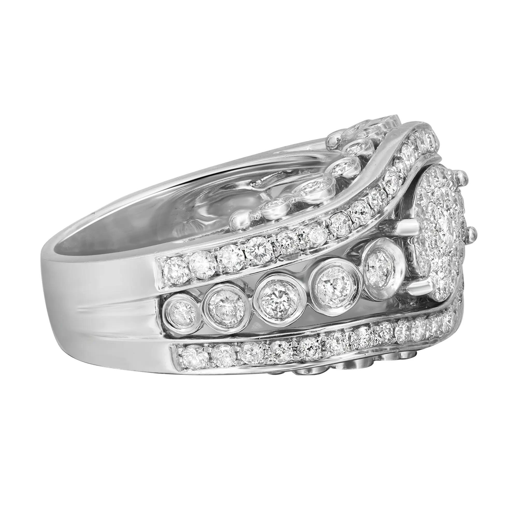 Modern 1.56cttw Pave and Bezel Set Round Diamond Cocktail Ring 14k White Gold For Sale
