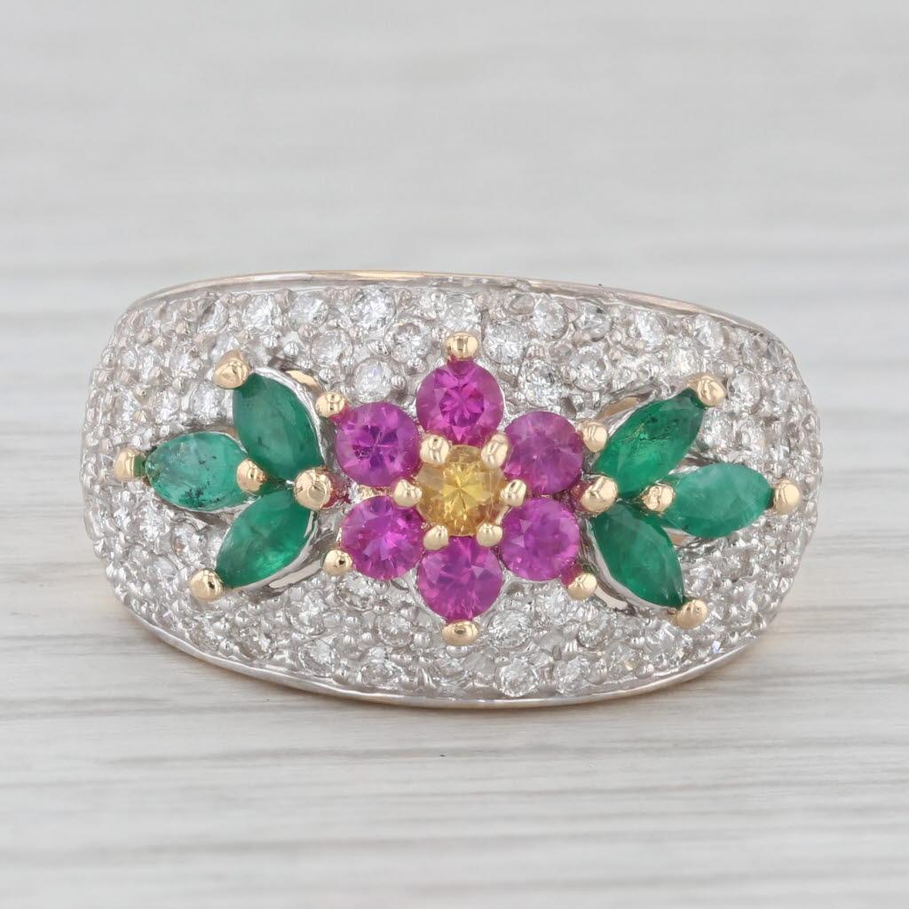 Marquise Cut 1.56ctw Gemstone Flower Ring 14k Gold Diamond Ruby Emerald Sapphire Size 6