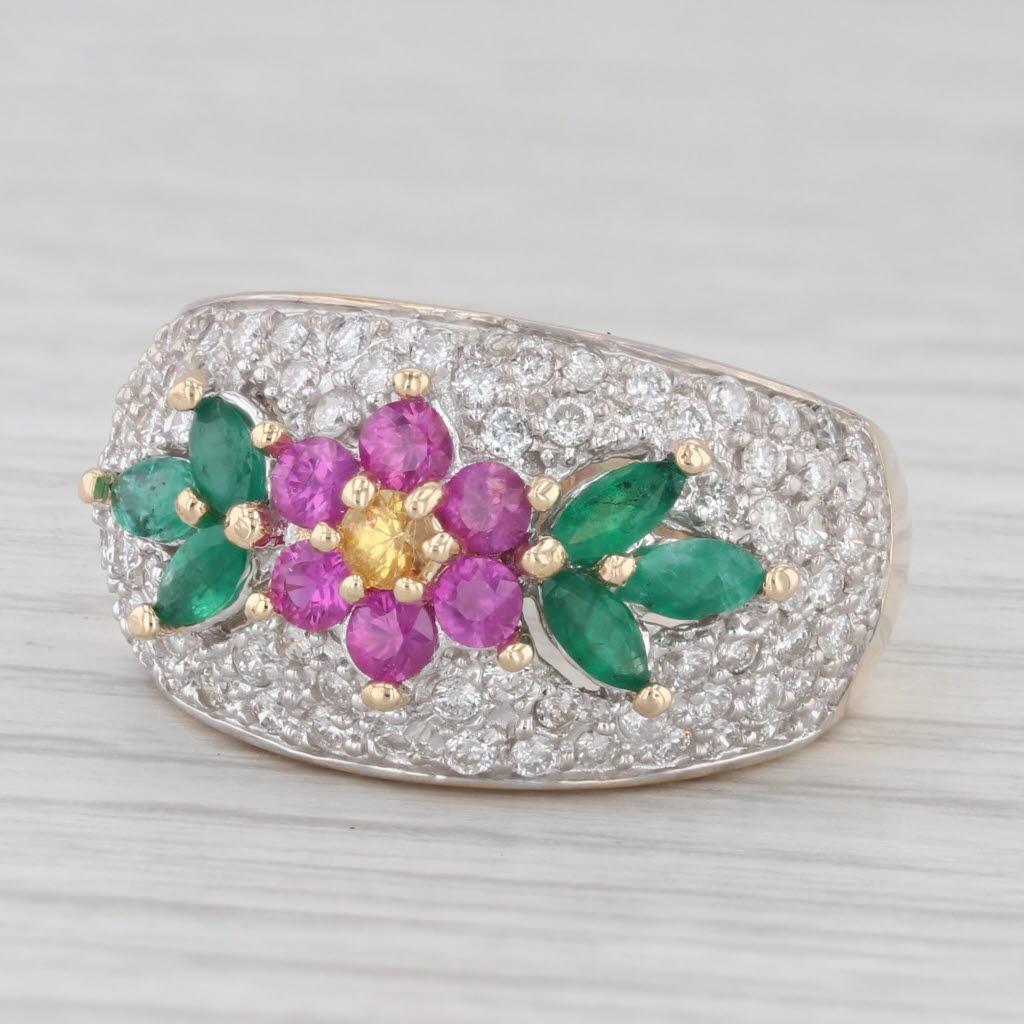 1.56ctw Gemstone Flower Ring 14k Gold Diamond Ruby Emerald Sapphire Size 6 In Good Condition In McLeansville, NC