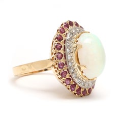 Anello Cocktail con Opale, Diamante e Rubino da 1,56ctw, Oro Giallo 18k, Misura 7,5
