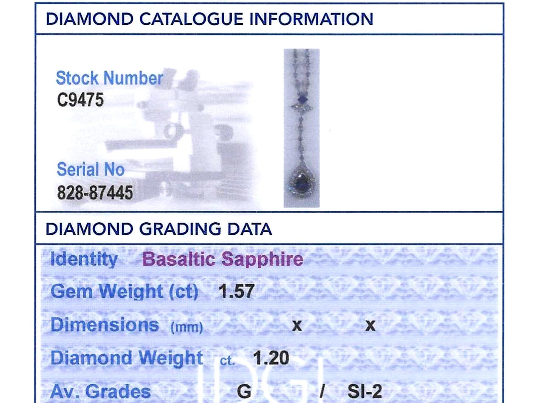 Ciondolo in platino con zaffiro basaltico da 1,57 carati e diamante da 1,20 carati Circa 1915 in vendita 11