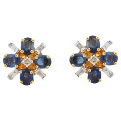 1.57 Carat Blue Sapphire Floral Diamond Stud Earrings in 18K Yellow Gold