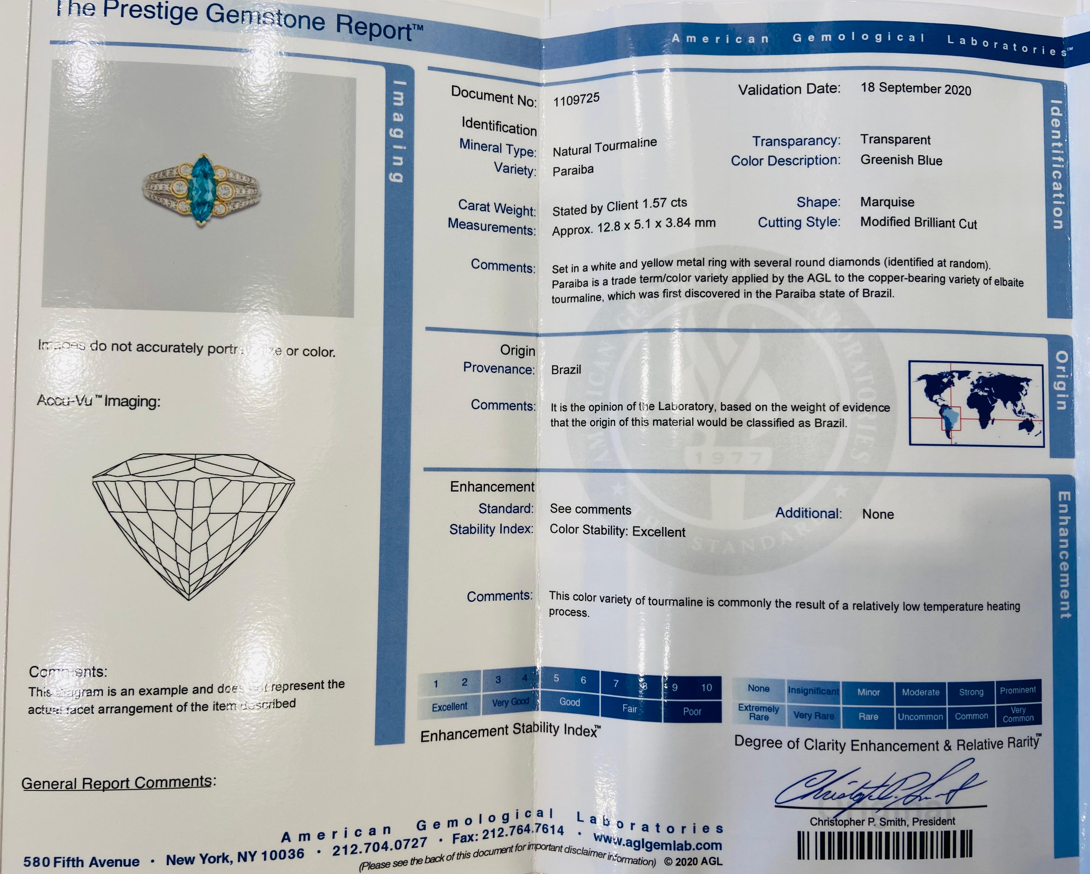 1.57 Carat Brazilian Paraiba Tourmaline Diamond Platinum & Gold Ring, AGL Certif 3