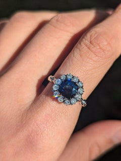 1.57 Carat Ceylon Sapphire Diamond Flower Halo Ring in Platinum Royal Blue