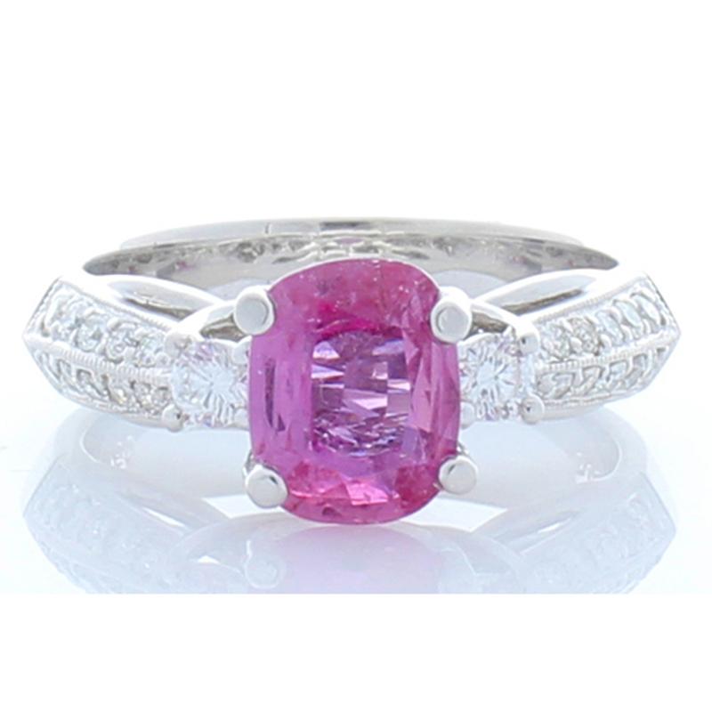 Contemporary 1.57 Carat Cushion Cut Pink Sapphire and Diamond Cocktail Ring in 18 Karat Gold