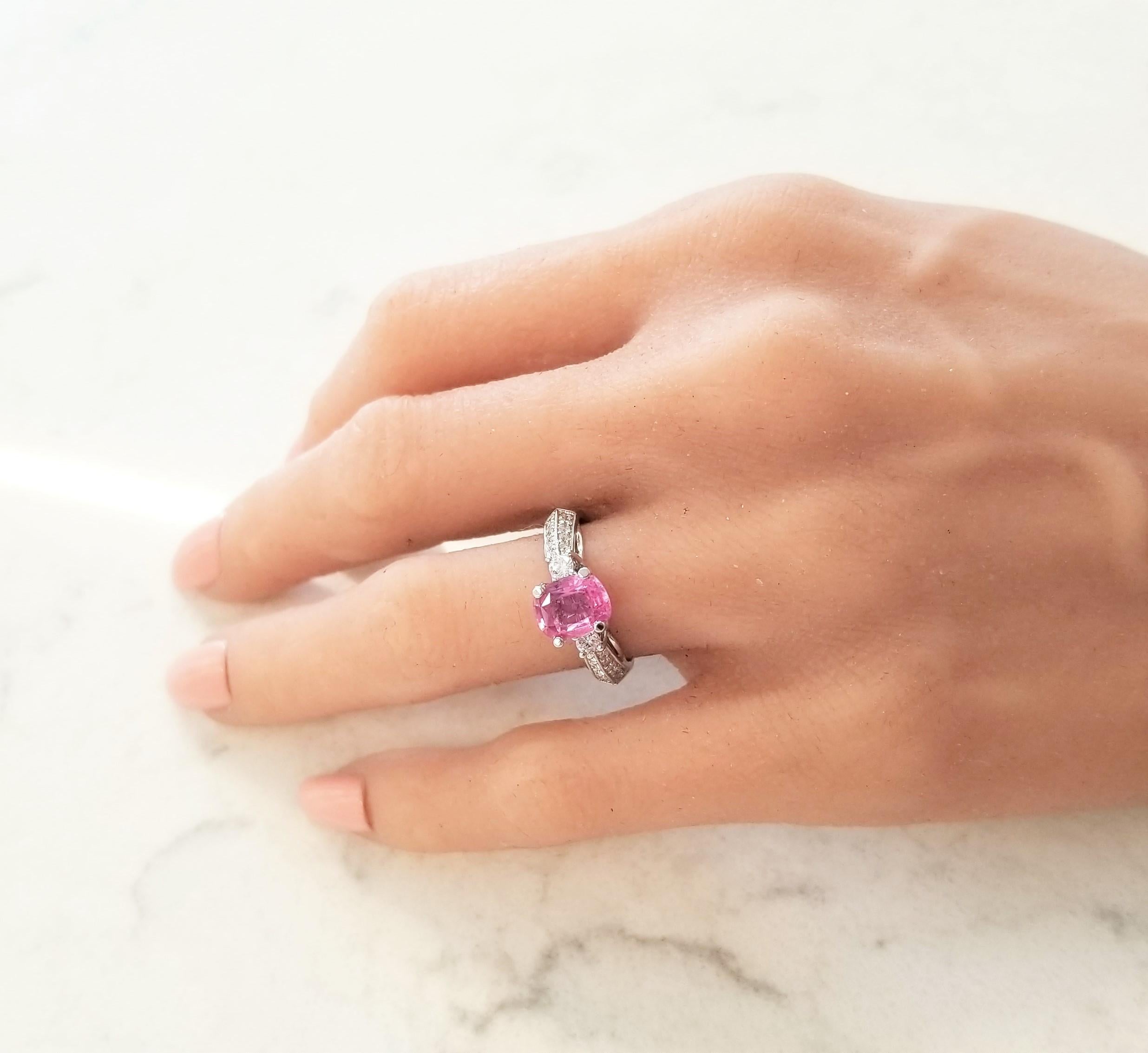 1.57 Carat Cushion Cut Pink Sapphire and Diamond Cocktail Ring in 18 Karat Gold 2