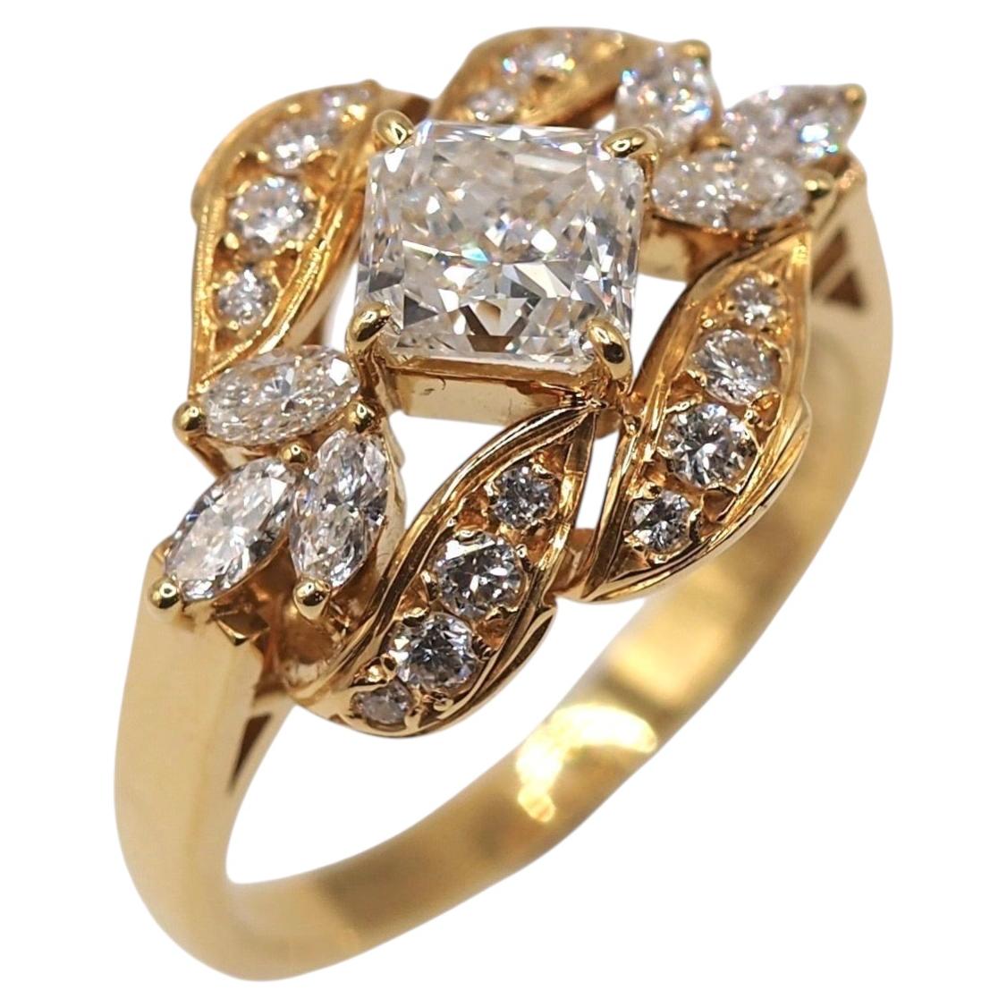 1.57 Carat Diamond Floral Statement 18K Yellow Gold Ring For Sale