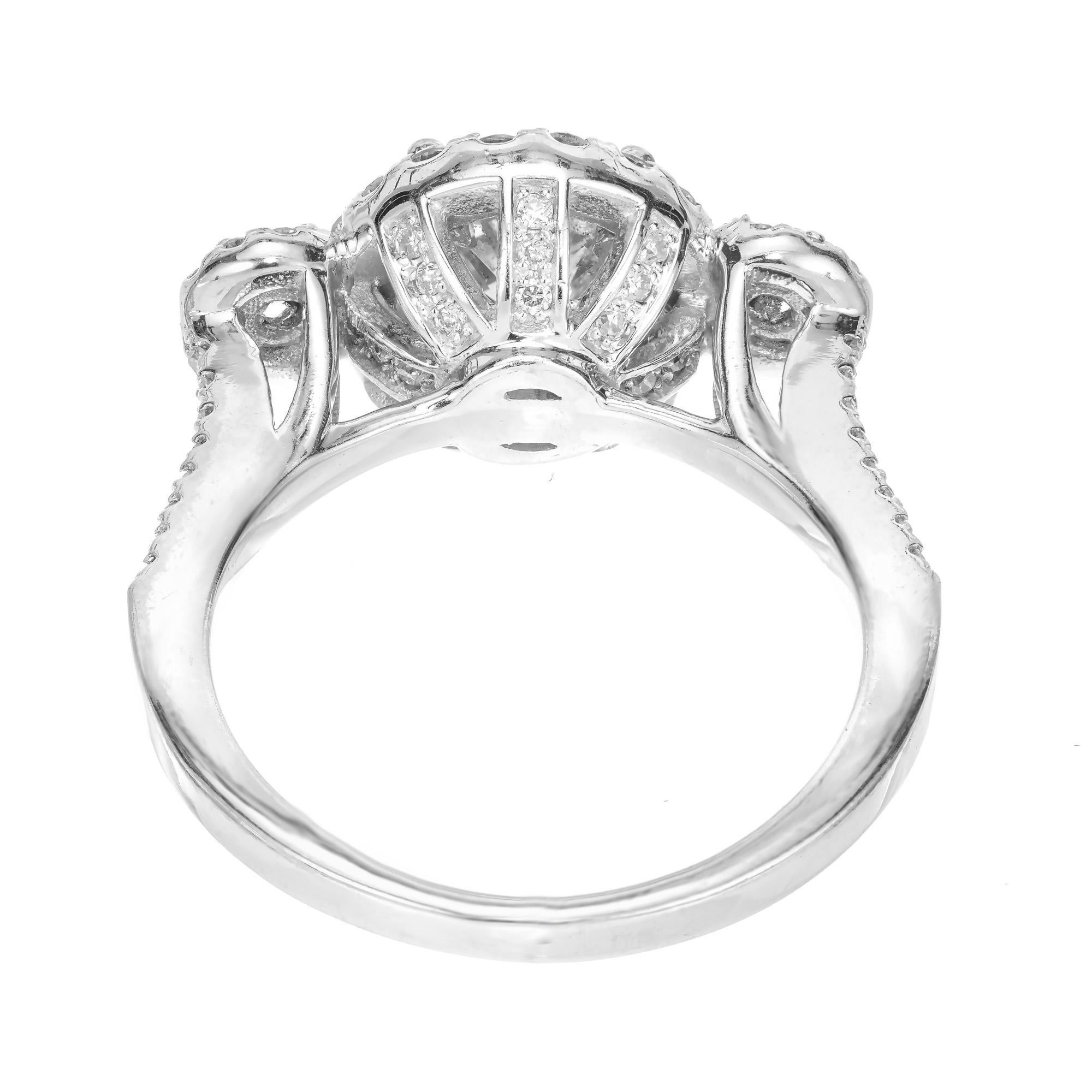 Round Cut 1.57 Carat Diamond Three-Stone Halo Gold Engagement Ring For Sale