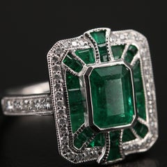 1.57 Carat Emerald and Diamond White Gold Engagement Ring Art Deco Wedding Ring