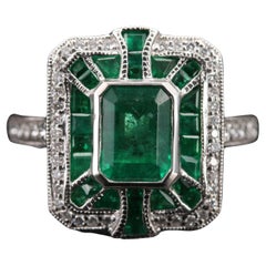 1.57 Carat Emerald and Diamond White Gold Engagement Ring Art Deco Wedding Ring