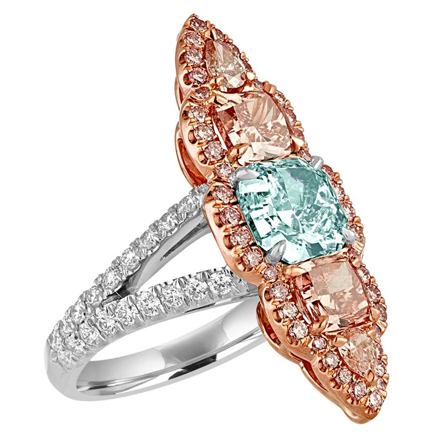 1.57 Carat GIA Certified Blue Green Cushion Cut and Pink and White Diamonds Ring For Sale