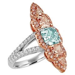 1.57 Carat GIA Certified Blue Green Cushion Cut and Pink and White Diamonds Ring