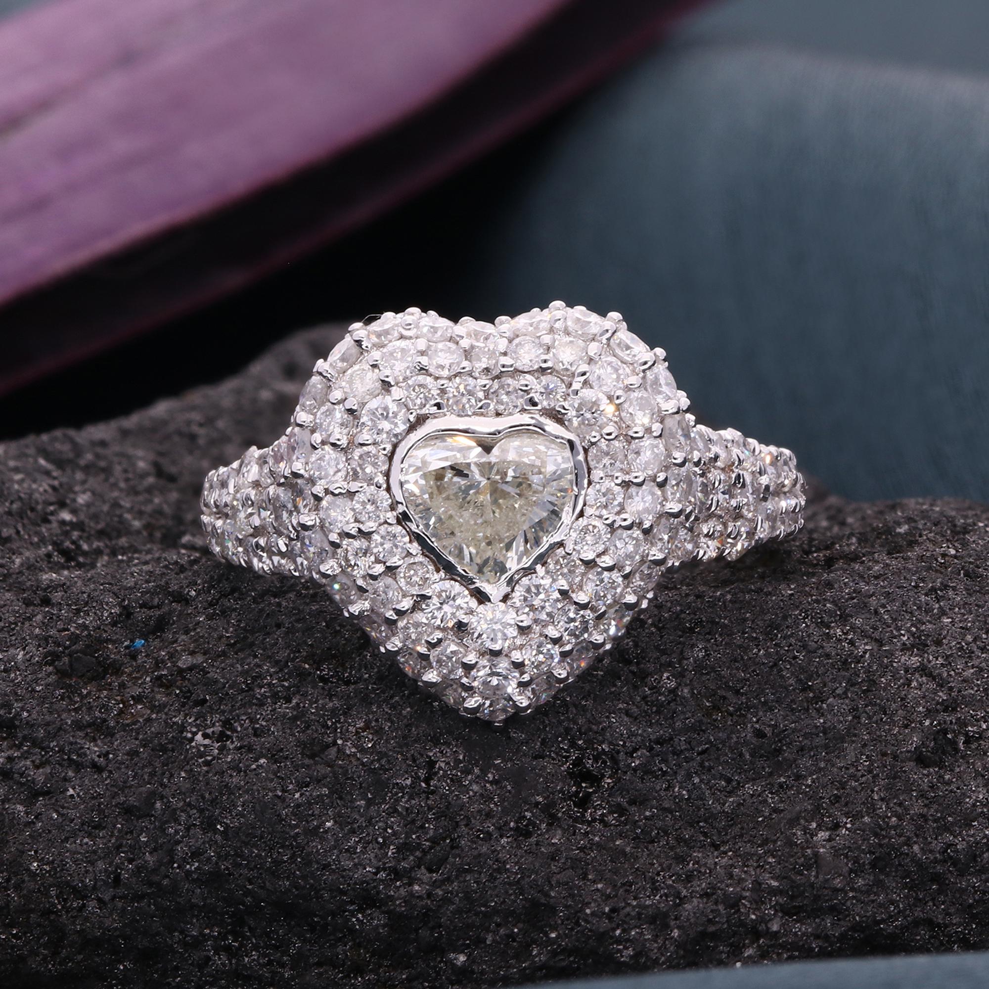 Heart Cut 1.57 Carat Heart Diamond Pave Cocktail Ring 18 Karat White Gold Handmade Jewelry For Sale