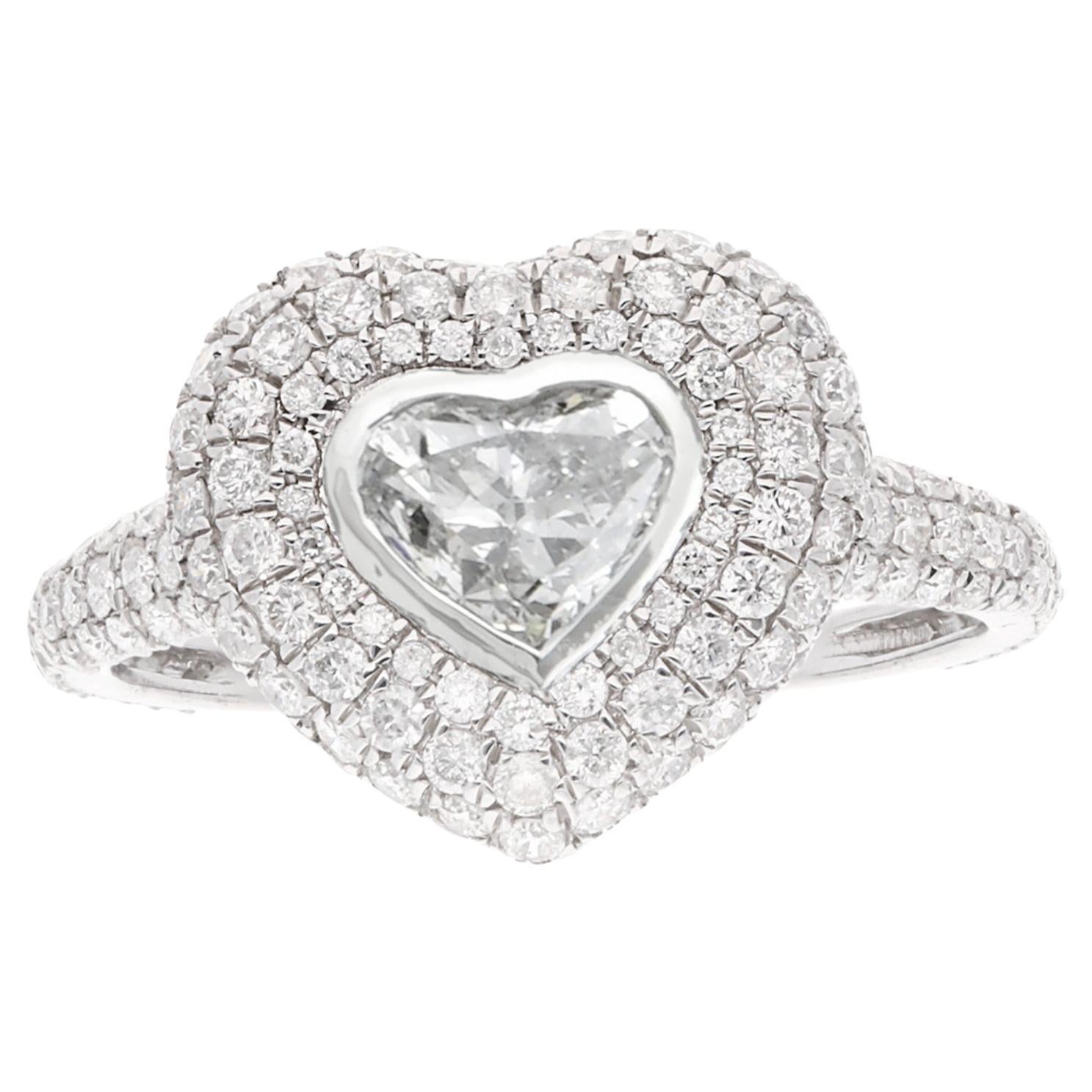 1.57 Carat Heart Diamond Pave Cocktail Ring 18 Karat White Gold Handmade Jewelry For Sale