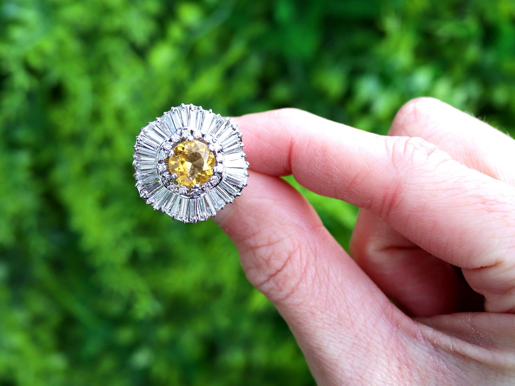 A stunning, fine and impressive vintage 1.57 carat heliodor and 3.20 carat diamond, platinum ballerina ring; part of our vintage jewelry collections.

This stunning, fine and impressive vintage gemstone ring has been crafted in platinum.

The