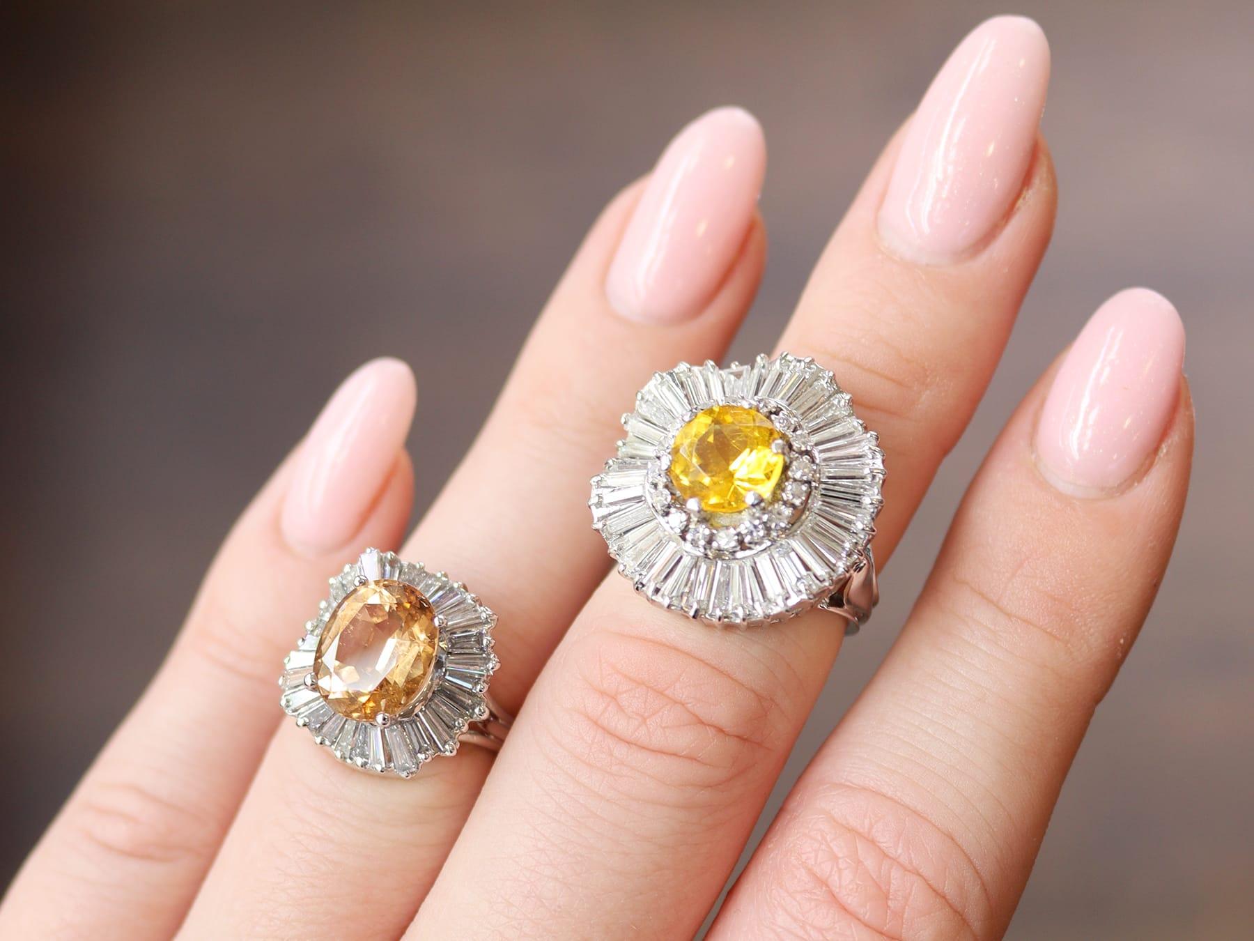 Round Cut 1.57 Carat Heliodor 3.20 Carat Diamond Platinum Ballerina Ring Circa 1960 For Sale