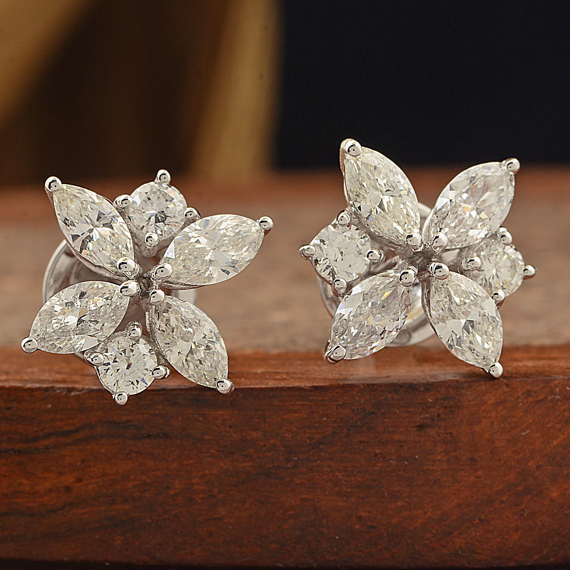 Moderne 1.57 Carat Marquise & Round Diamond Stud Earrings 14 Karat White Gold Jewelry en vente