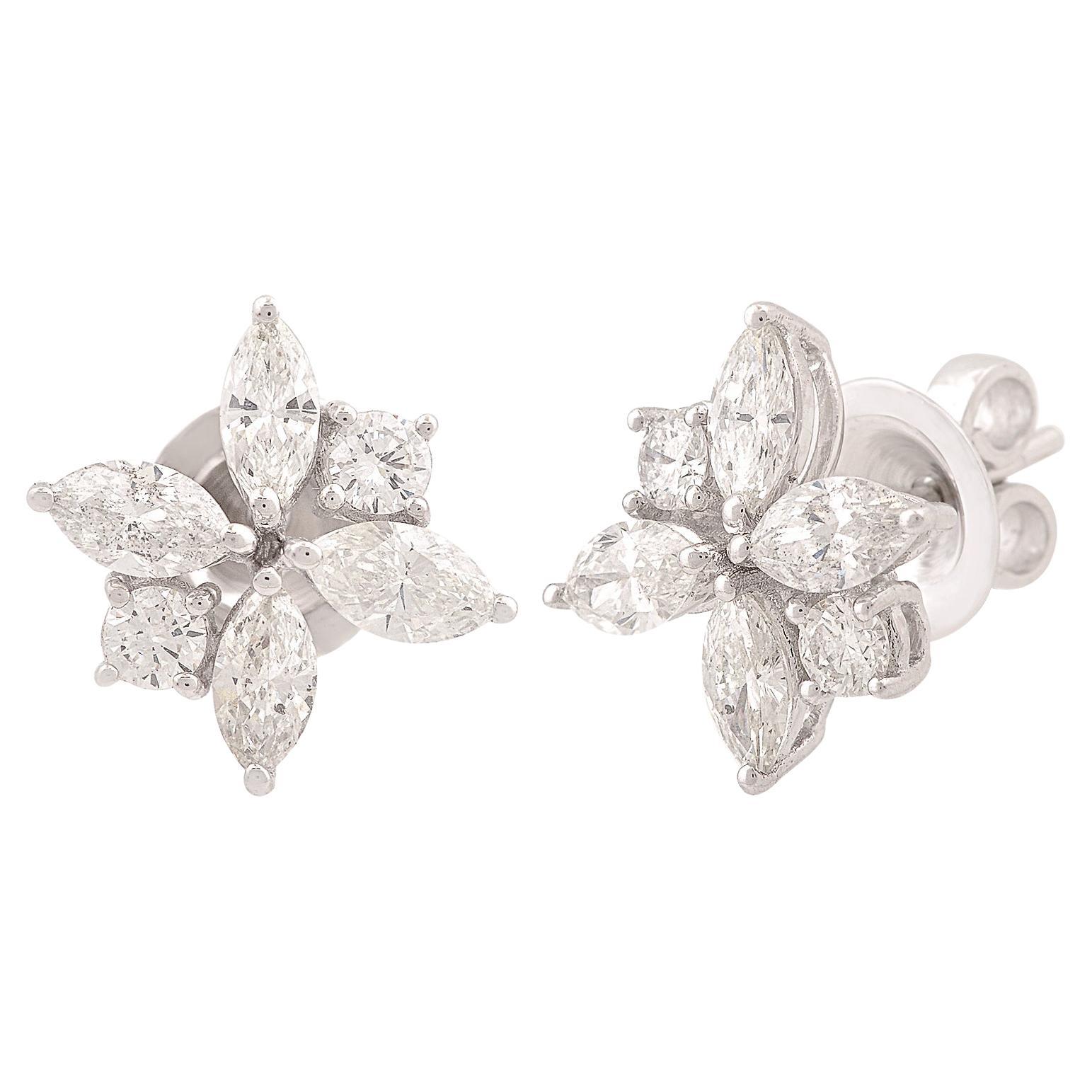 1.57 Carat Marquise & Round Diamond Stud Earrings 18 Karat White Gold Jewelry en vente