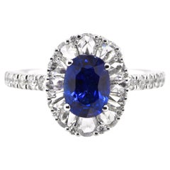1.57 Carat Natural Blue Sapphire and Rose-Cut Diamond Ring set in 18K White Gold