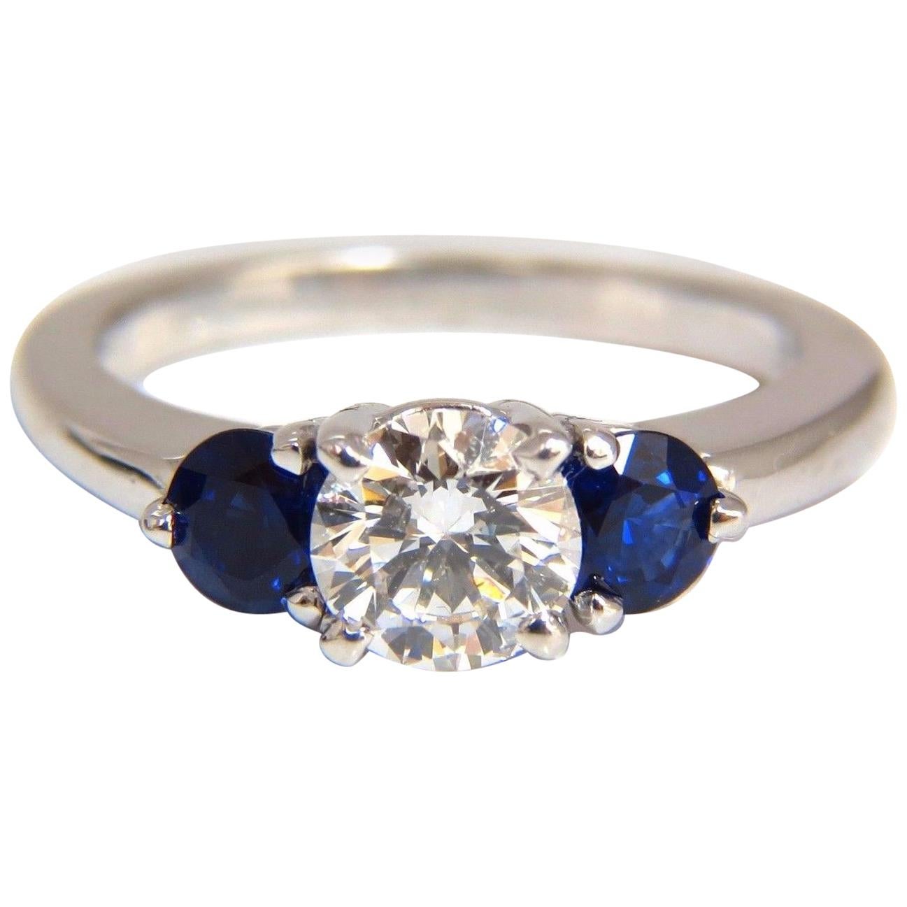 1.57 Carat Natural Diamonds Sapphire Three-Stone Ring 14 Karat Royal Blue For Sale