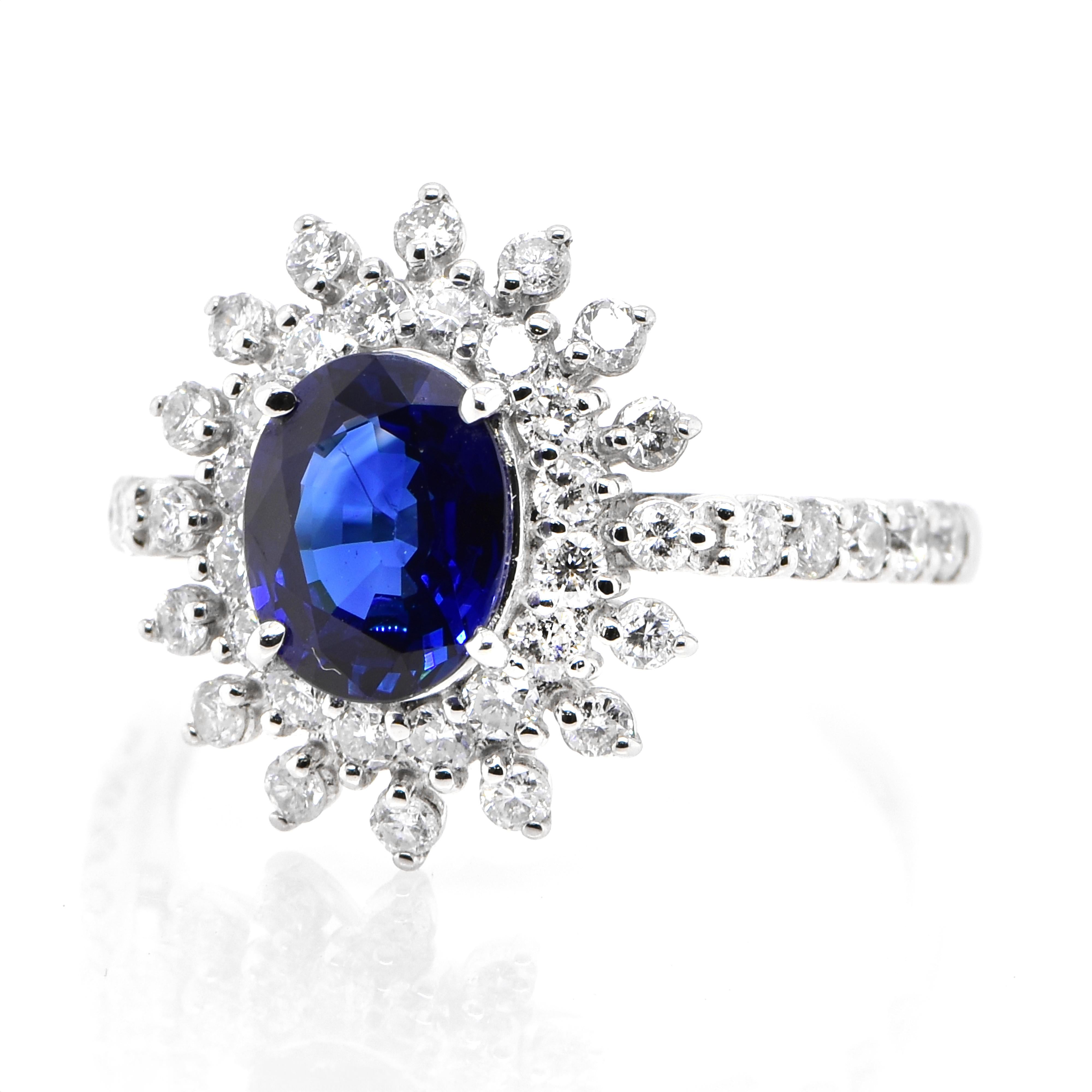 A beautiful ring featuring 1.579 Carat Natural Sapphire and 0.78 Carats Diamond Accents set in Platinum. Sapphires have extraordinary durability - they excel in hardness as well as toughness and durability making them very popular in jewelry.