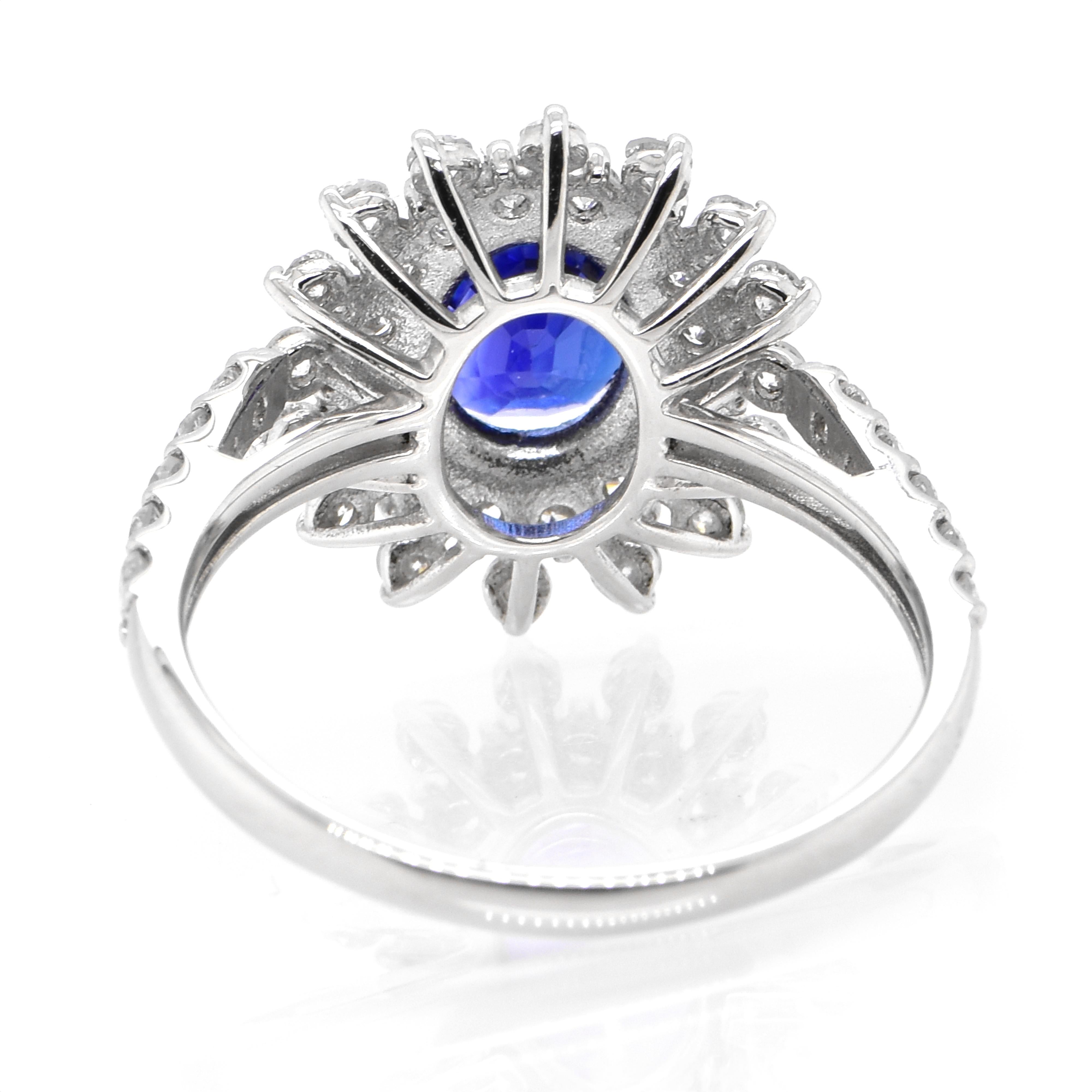 Women's 1.57 Carat Natural Sapphire and Diamond Double Halo Ring Made in Platinum For Sale
