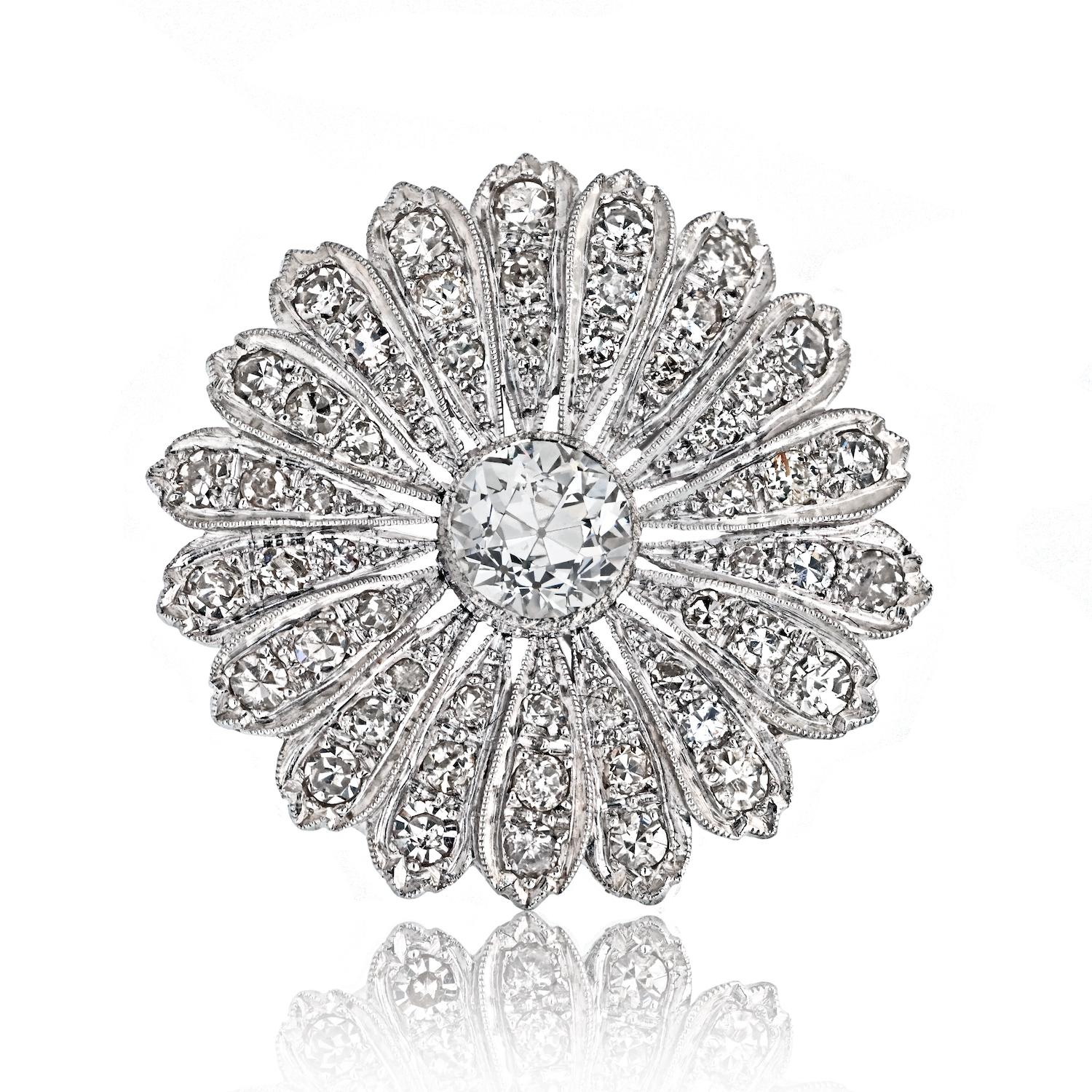 Modern 1.57 Carat Old European Cut Diamond I/VS1 GIA Flower Engagement Ring For Sale