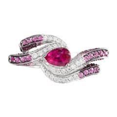 1.57 Carat Pear Rubelite Pink Sapphire Diamond 18 Karat White Gold Cocktail Ring