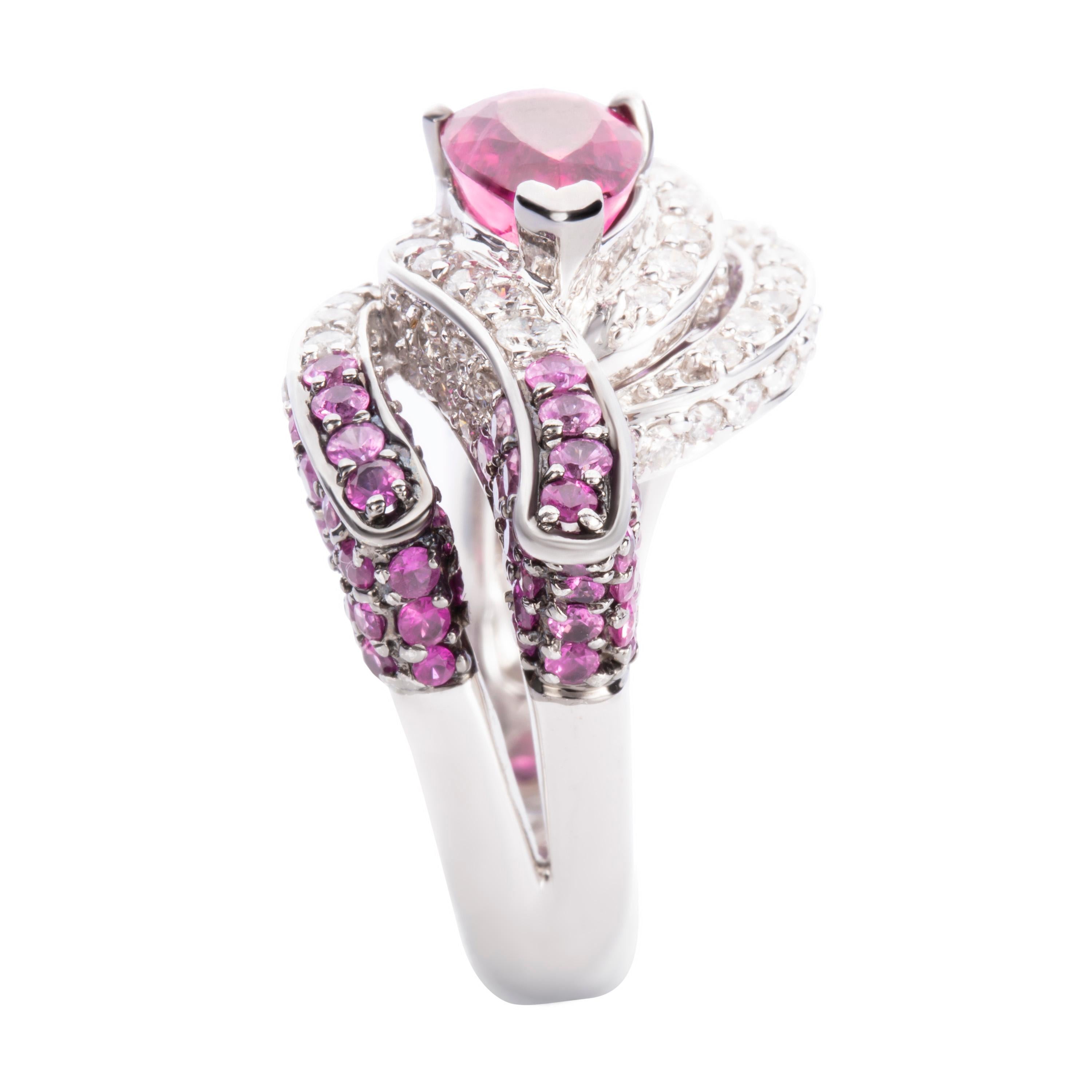 Contemporary 1.57 Carat Pear Rubelite Pink Sapphire Diamond 18 Karat White Gold Cocktail Ring For Sale