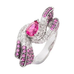 1.57 Carat Pear Rubelite Pink Sapphire Diamond 18 Karat White Gold Cocktail Ring