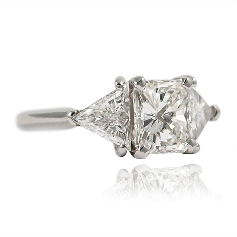  1.57 Carat Radiant Cut Diamond Three-Stone Platinum Ring In New Condition In New York, NY