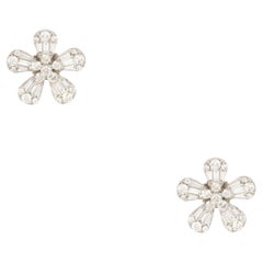 1.57 Carat Round Brilliant & Baguette Cut Diamond Flower Earrings 18 Karat