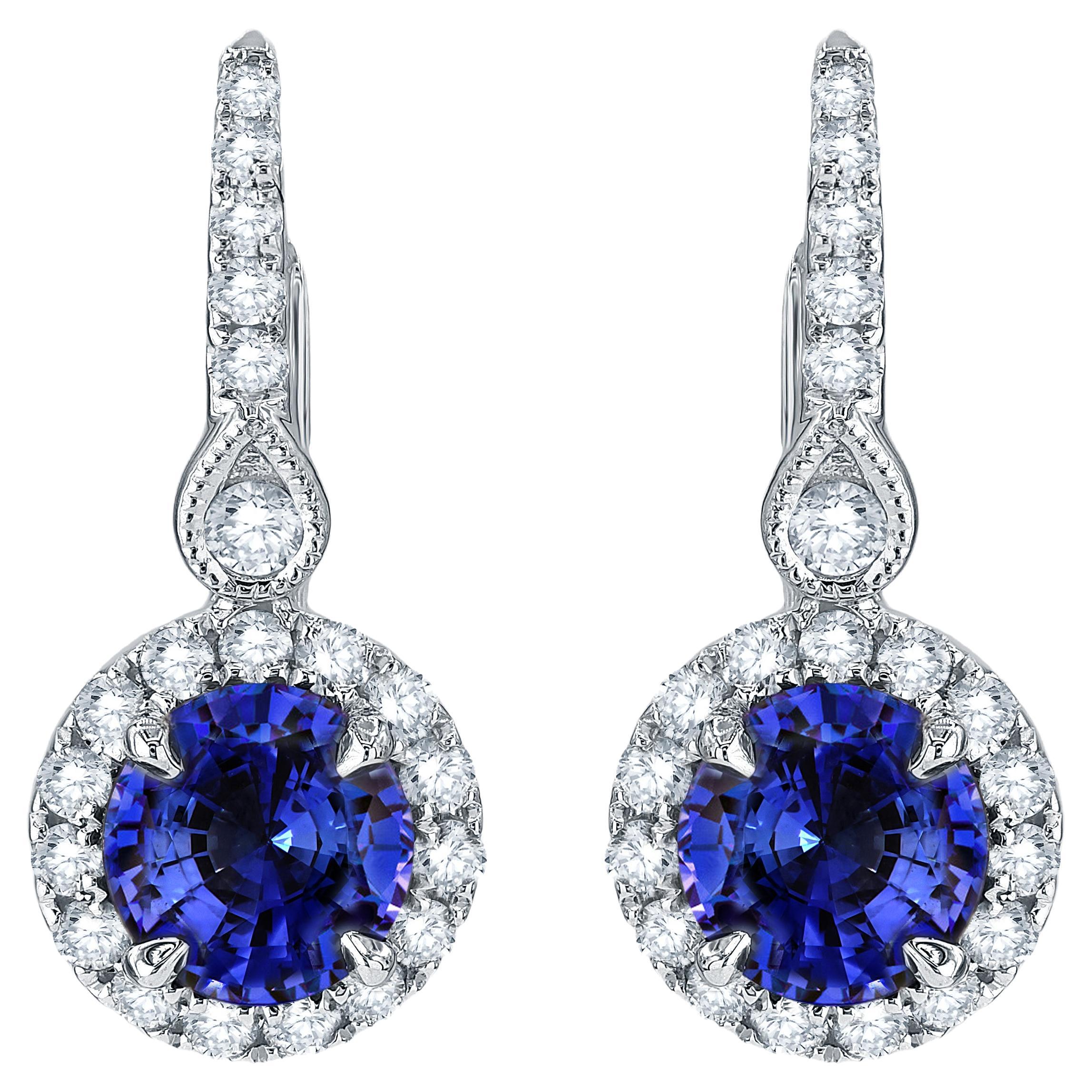 1.57 Carat Round Vivid Blue Sapphire and 0.50 Ct Diamond Earring in 14W ref1900