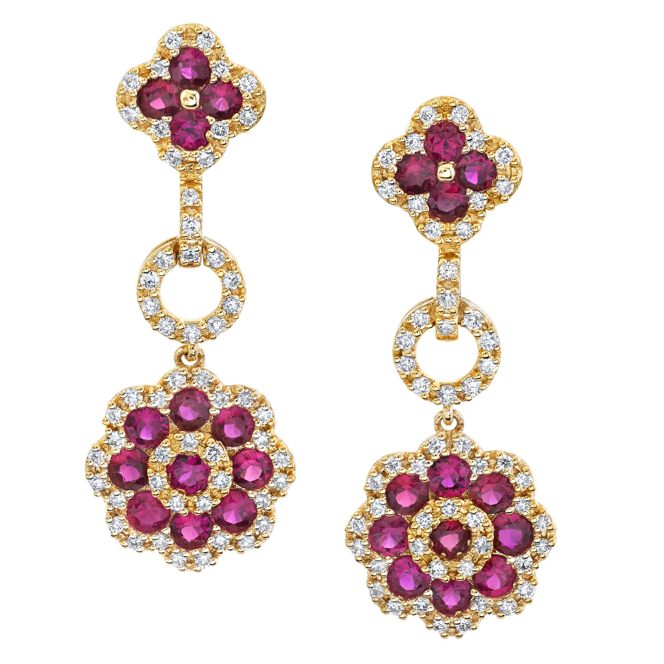 Ruby and Diamond Flower Dangle Earrings in 18k Yellow Gold