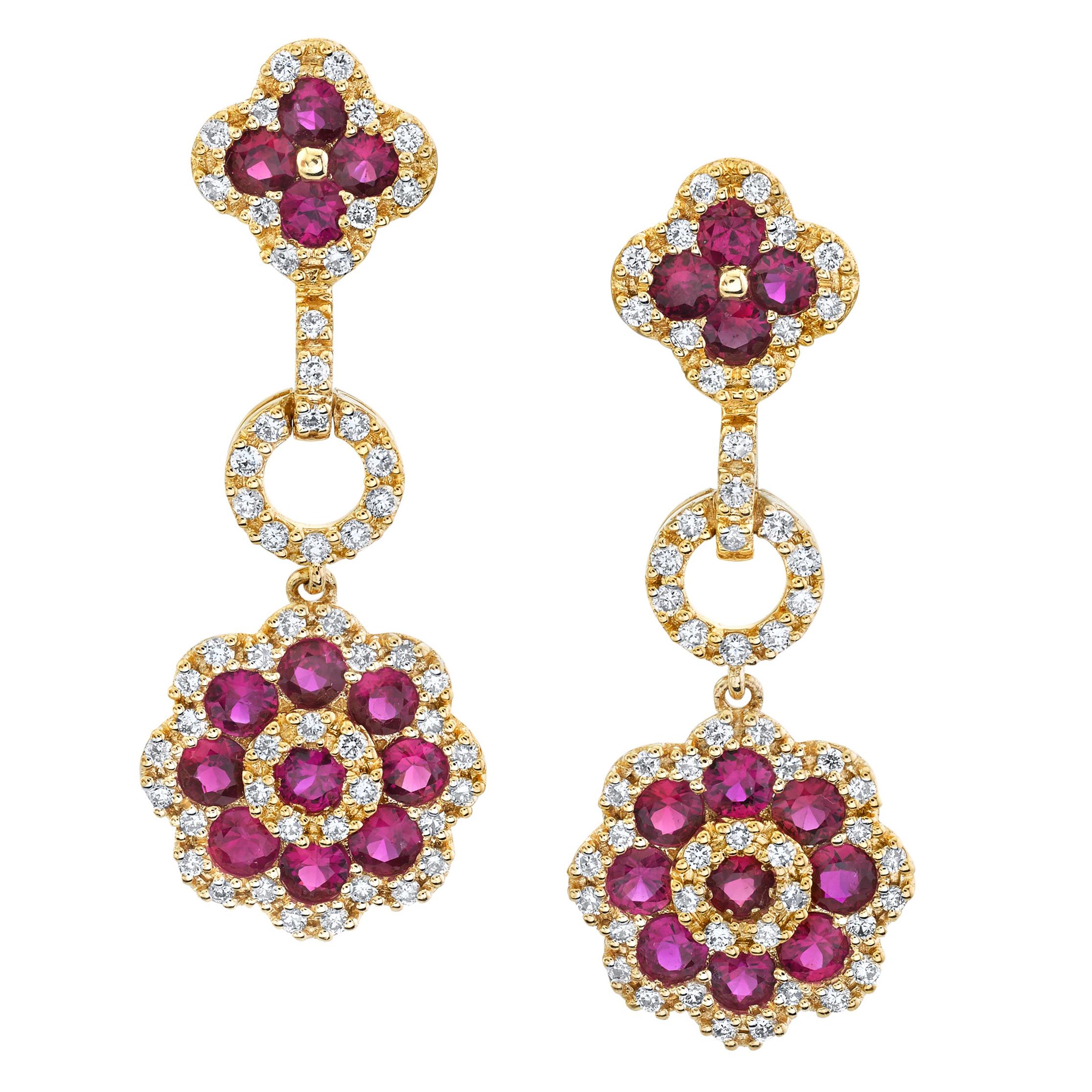 Ruby and Diamond Flower Dangle Earrings in 18k Yellow Gold  For Sale