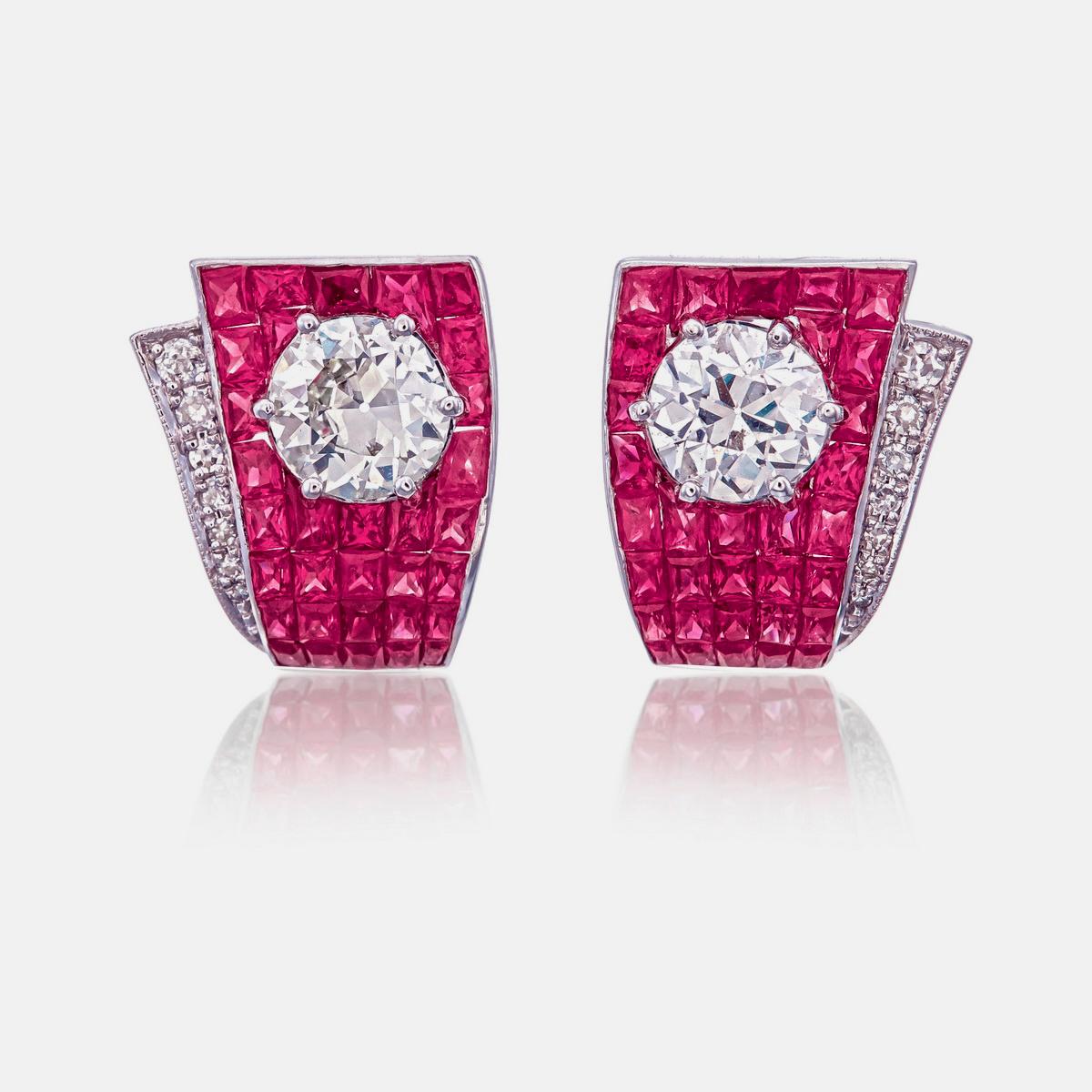 Art Deco 1.57 Carat Ruby and Diamond Earrings in 18K White Gold For Sale