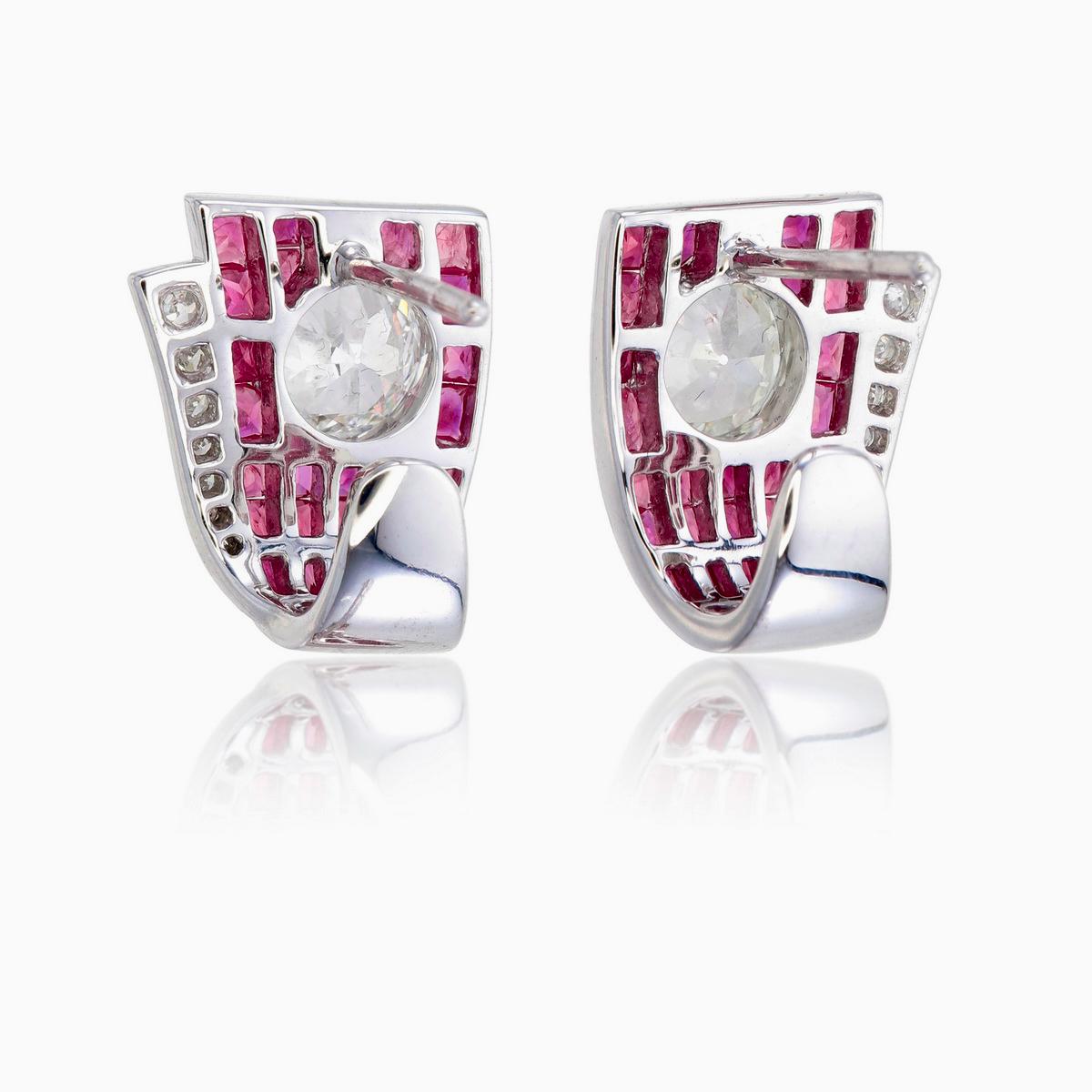 Old European Cut 1.57 Carat Ruby and Diamond Earrings in 18K White Gold For Sale