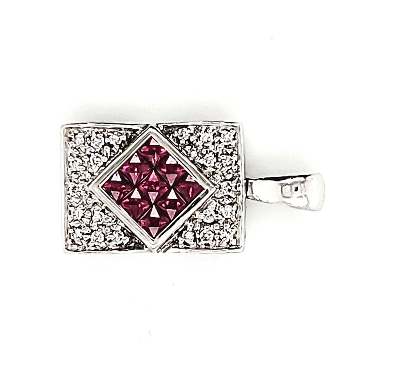 The 1.57 Carat Ruby and White Diamond Pendant Necklace from Shimon's Creations features a gorgeous white diamond rectangle with 9 dazzling rubies in the middle of the pendant. This gorgeous pendant is 18k white gold and has 40 white diamonds. This