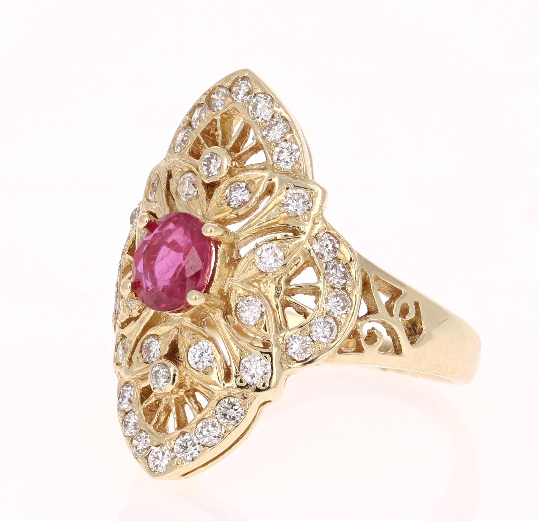 Oval Cut 1.57 Carat Ruby Diamond Art Deco Yellow Gold Cocktail Ring