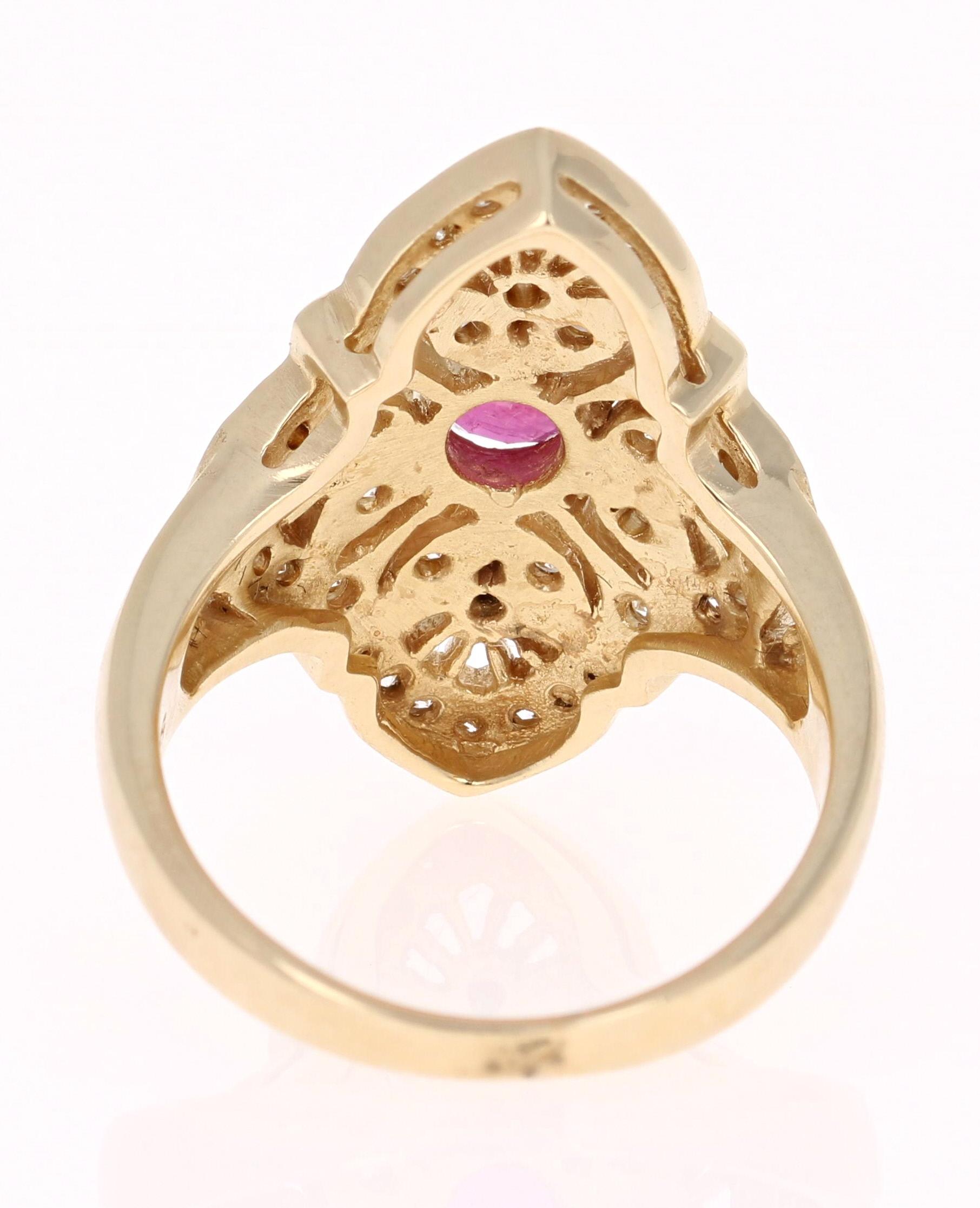 1.57 Carat Ruby Diamond Art Deco Yellow Gold Cocktail Ring In New Condition In Los Angeles, CA