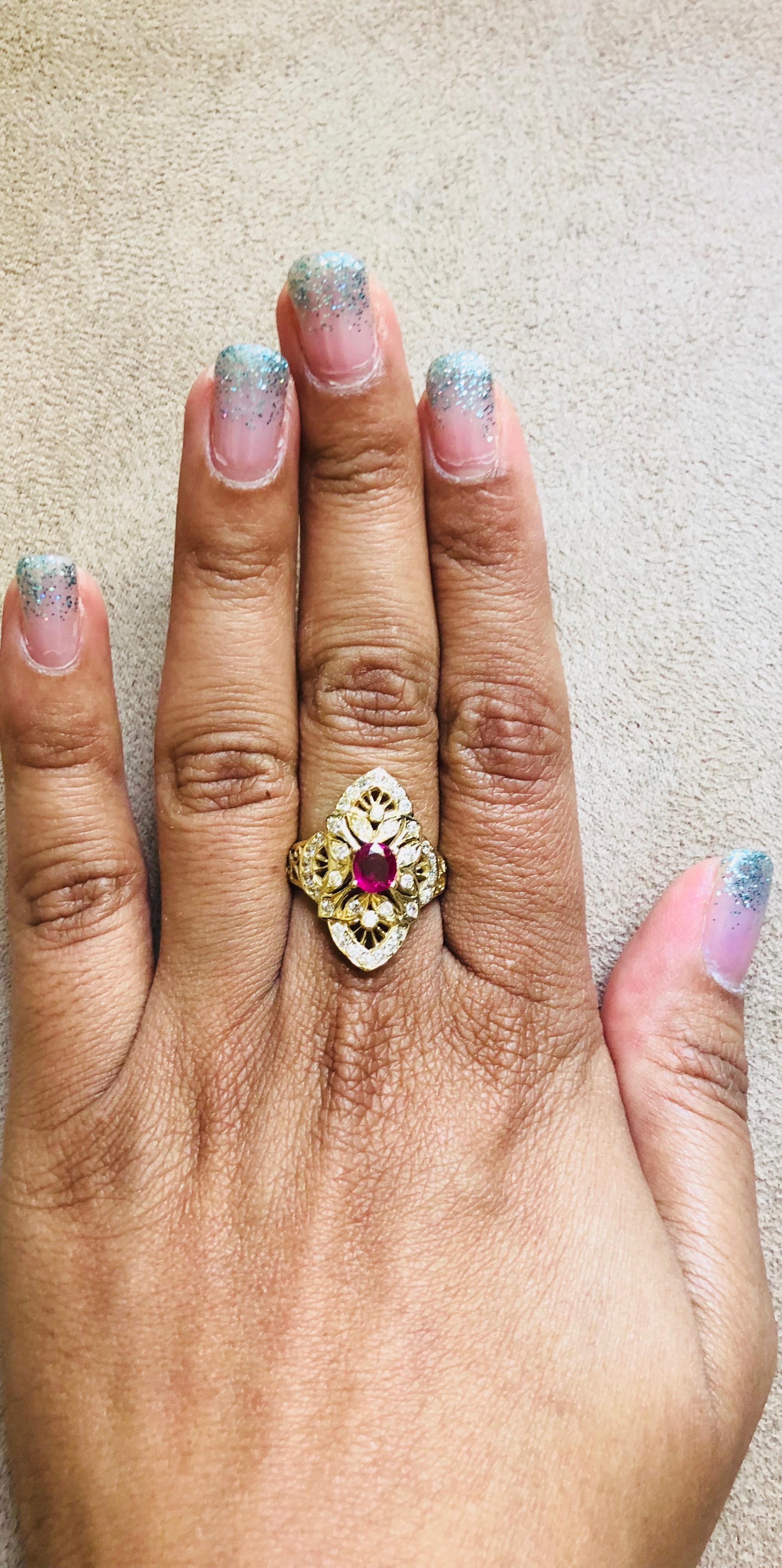Women's 1.57 Carat Ruby Diamond Art Deco Yellow Gold Cocktail Ring