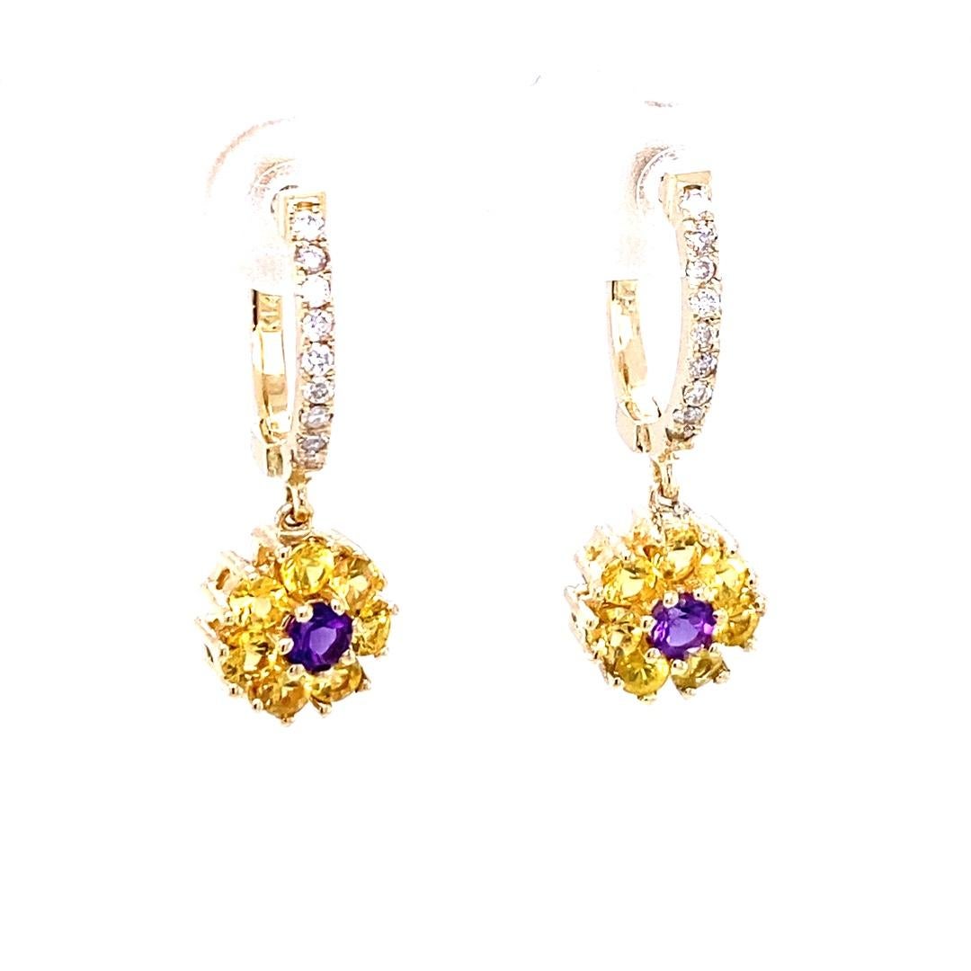 Contemporary Sapphire Diamond 14 Karat Yellow Gold Drop Earrings For Sale