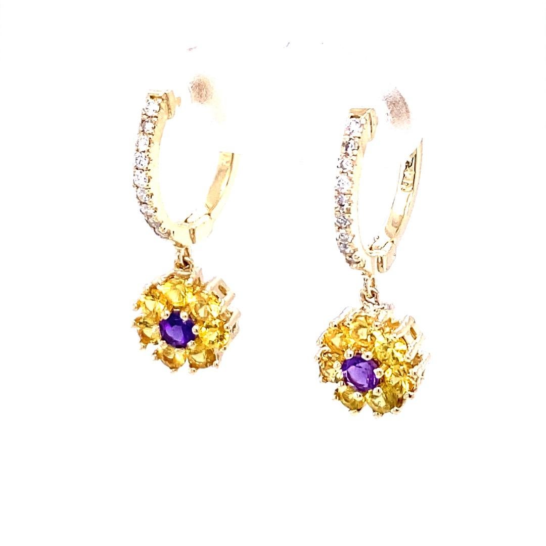 Round Cut Sapphire Diamond 14 Karat Yellow Gold Drop Earrings For Sale