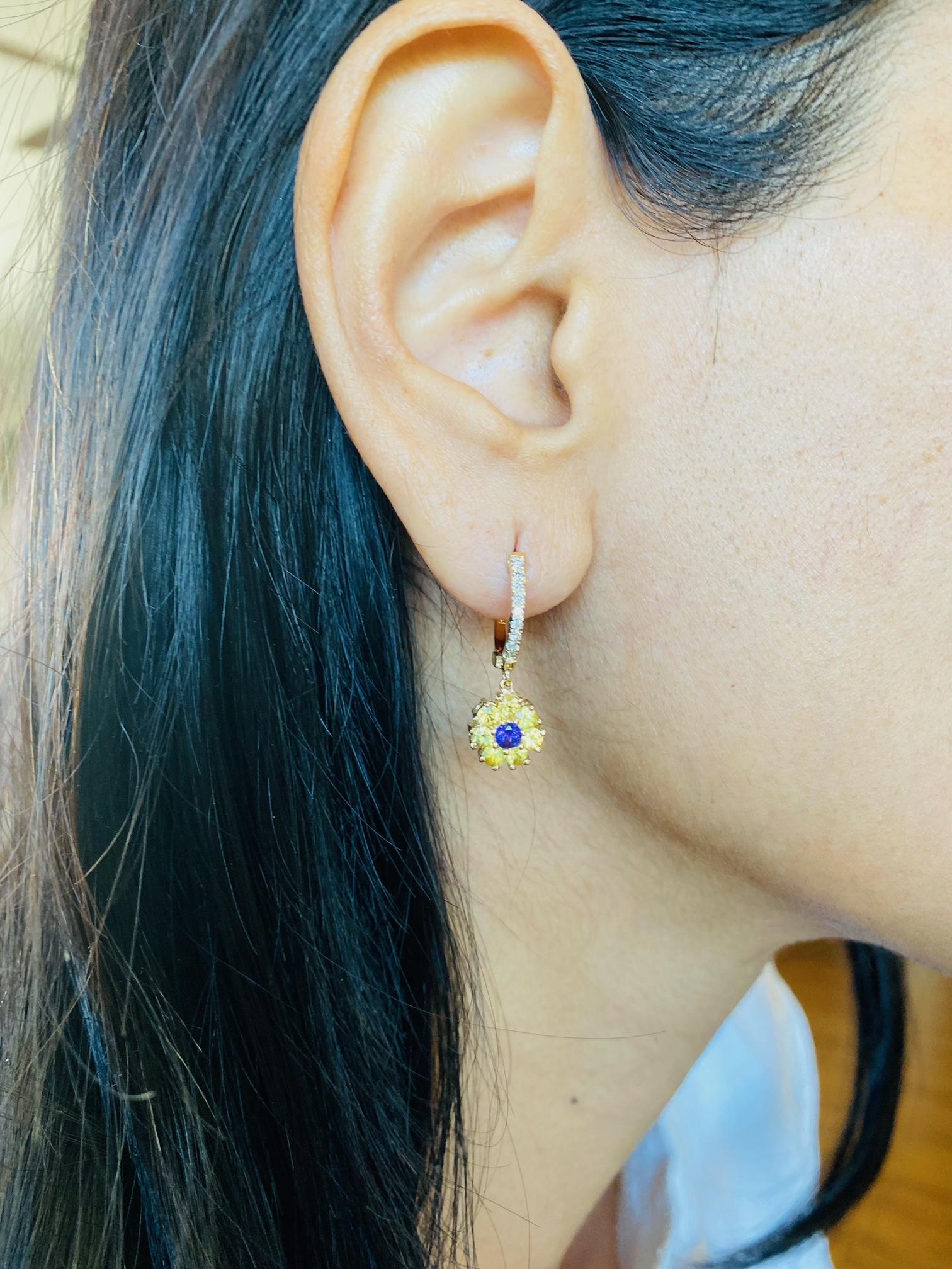 Women's Sapphire Diamond 14 Karat Yellow Gold Drop Earrings For Sale