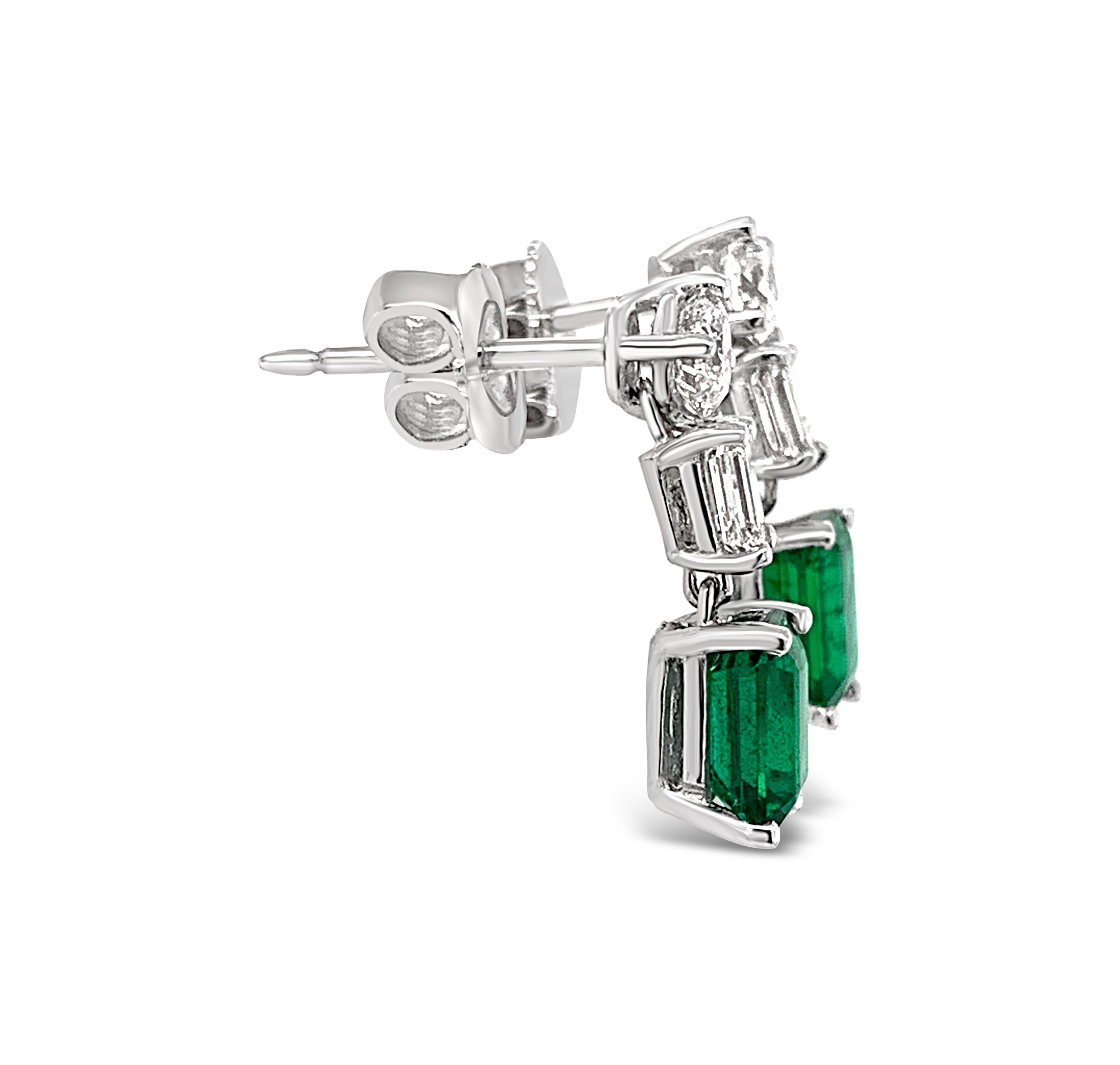 Emerald Cut 1.57 Carat 'Total Weight' Emerald and Diamond Earrings in Platinum For Sale