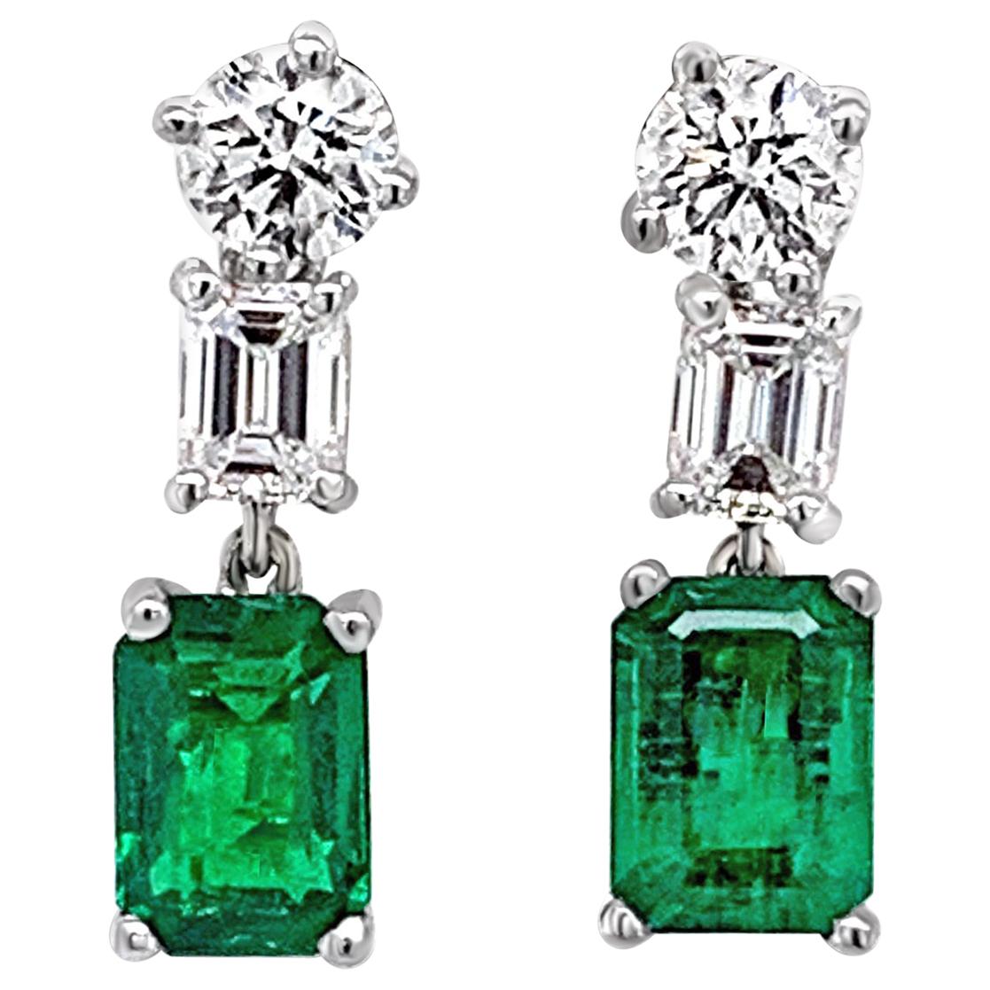 1.57 Carat 'Total Weight' Emerald and Diamond Earrings in Platinum For Sale