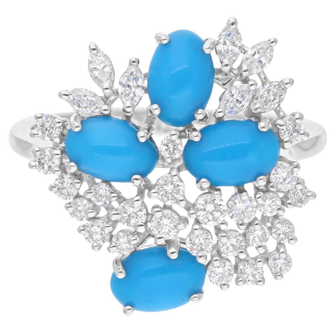 1.57 Carat Turquoise Ring 0.70 Carat  Round Brilliant Cut Diamond 18k White Gold