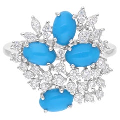 Bague turquoise 1,57 carat 0,70 carat Diamant rond à taille brillante en or blanc 18k