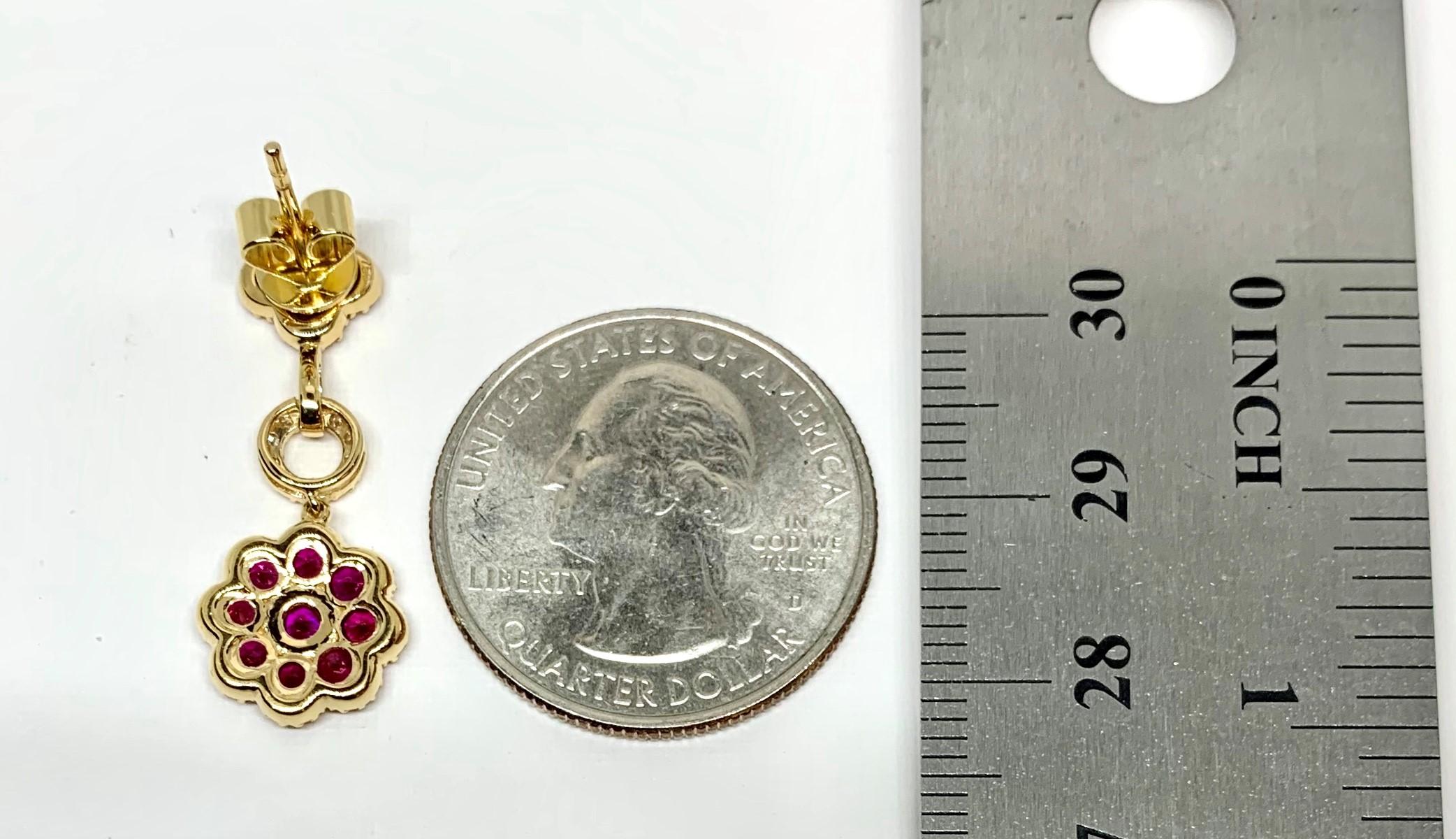 Ruby and Diamond Flower Dangle Earrings in 18k Yellow Gold  In New Condition For Sale In Los Angeles, CA