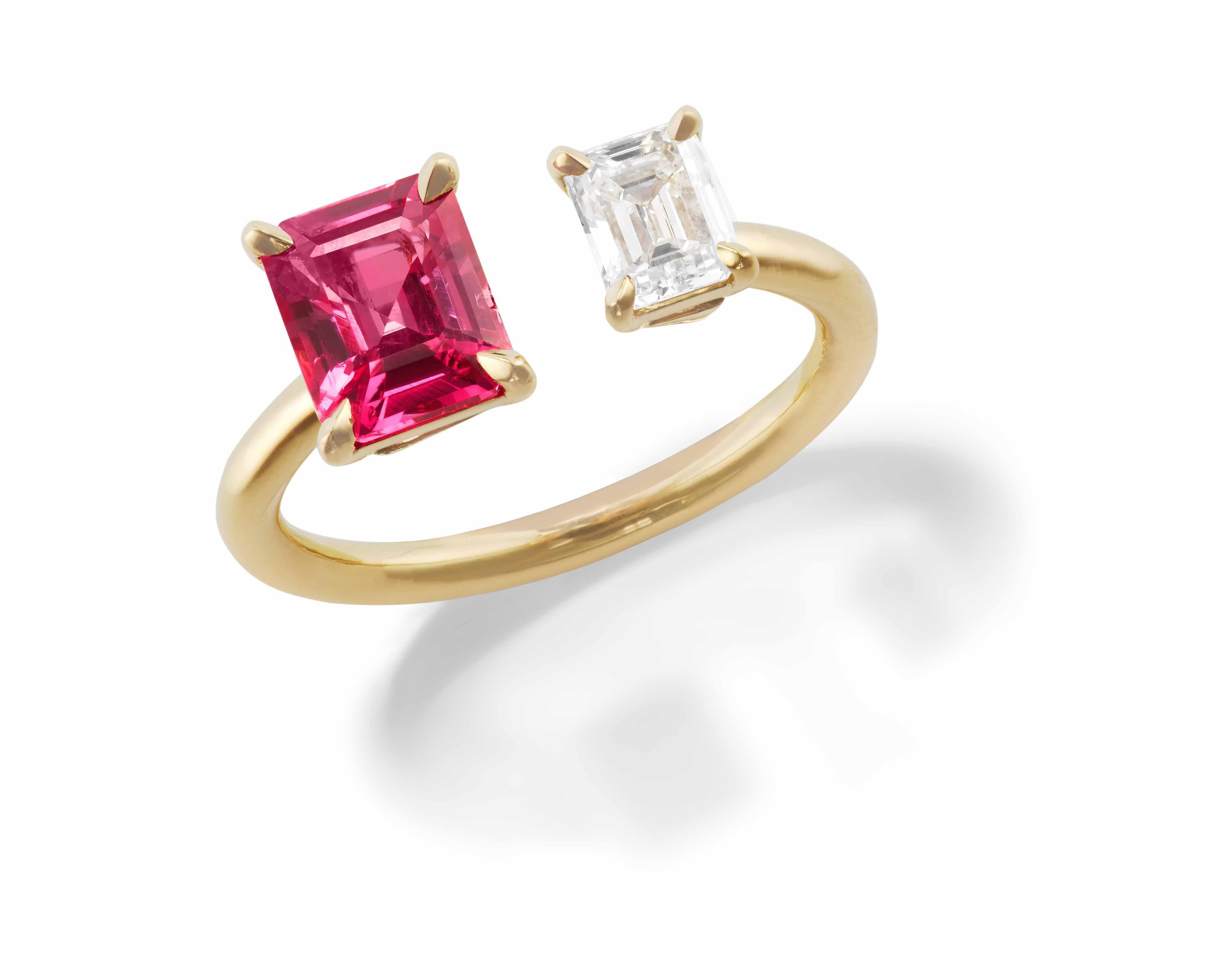 Elevate your look with a pop of color from Manenge and Diamond Open ring. 

1.57 ct. emerald-cut vivid pink Mahenge Spinel* and 0.62 ct. emerald-cut G VVS1 diamond. 

Handcrafted in 18k yellow gold, the ring is designed to be worn alone or layered